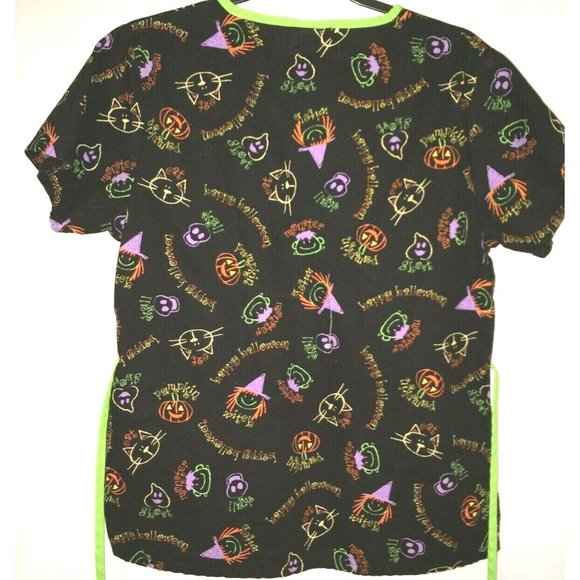 Halloween Scrub Witch Cat Pumpkin Monster Hat Black Life Brand Medical Top - Picture 2 of 8